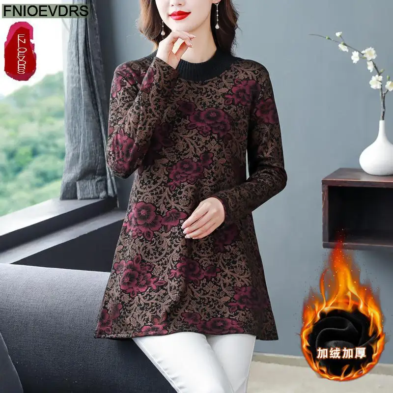 Winter Spring Women Elegant Office Lady Retro Vintage Warm Velvet Tops Flower Floral Print Long Tunic Basic Shirts Blouses