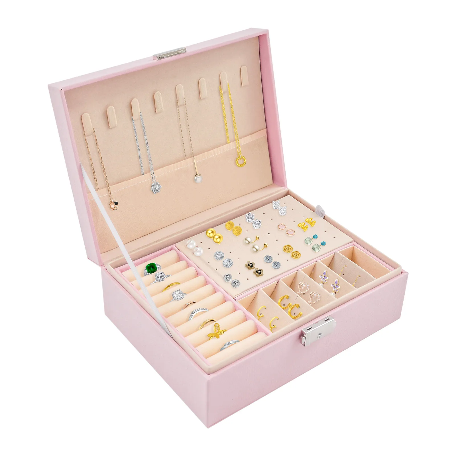 2-lagige abschließbare Schmuckaufbewahrungsbox mit herausnehmbaren Trennwänden, Schreibtisch-Organizer für Ringe, Ohrringe, Armbänder, Halsketten, Broschen, für den täglichen Schmuckaufbewahrungszweck auf dem Schminktisch zu Hause. – Detail 33
