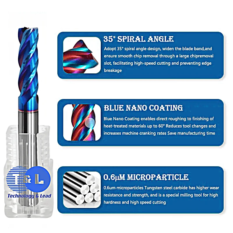 T&L HRC63 Blue Nano Coating Tungsten Steel 4-Flute Round Nose Milling Cutter CNC Machining Center Special Endmills Tools