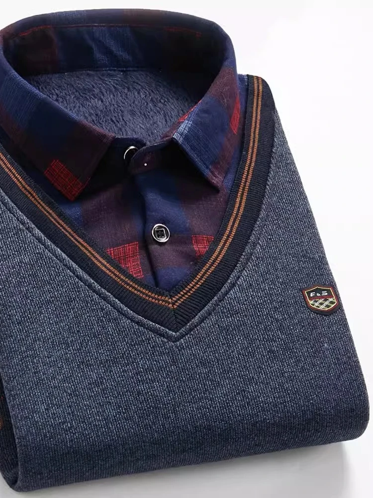 

Thiened Fce Warm Knitted irt Collar Men's Sweater Mid-aged Large Size Base Layer Outerwear Busin Casual Sle