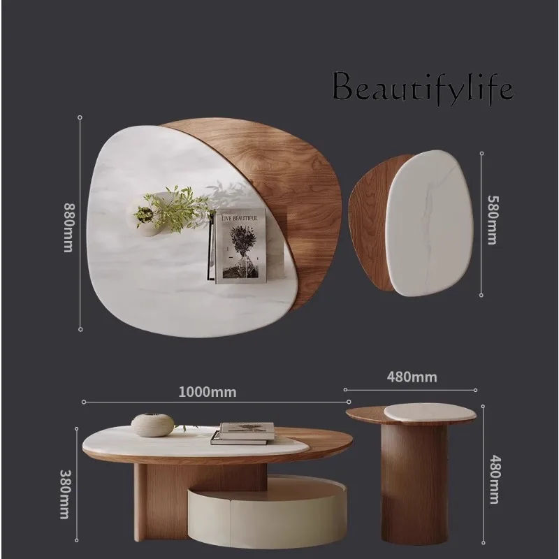 Italian minimalist microcrystalline stone coffee table combination high-end with walnut pattern creative special shape