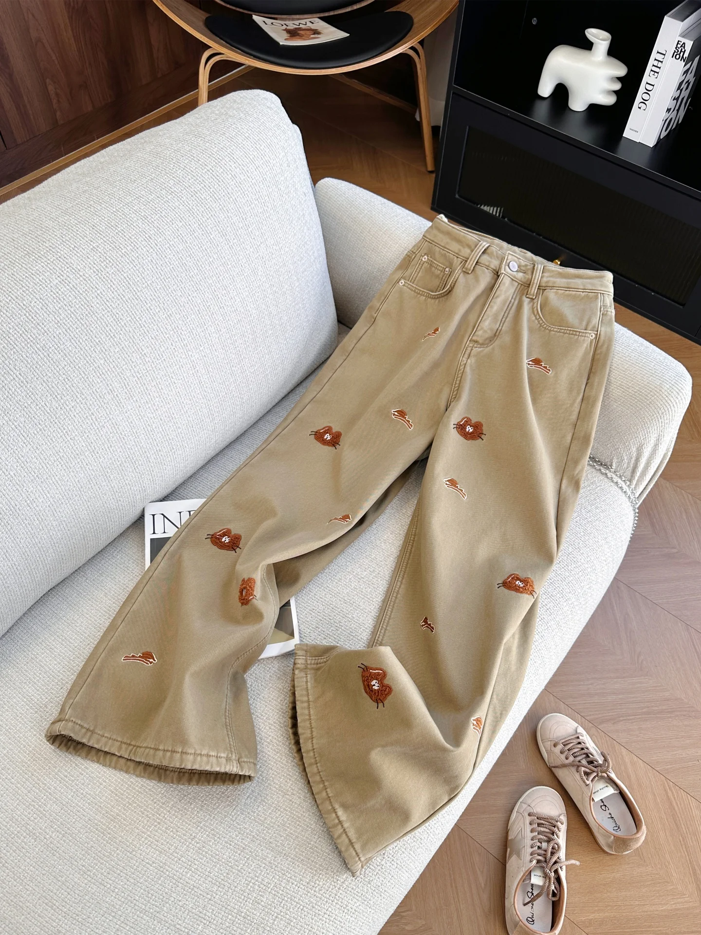 

High Waist American Retro Khaki Cartoon Print Women's Jeans Spring Autumn Unique Super Beautiful Slim Wide Leg Pants