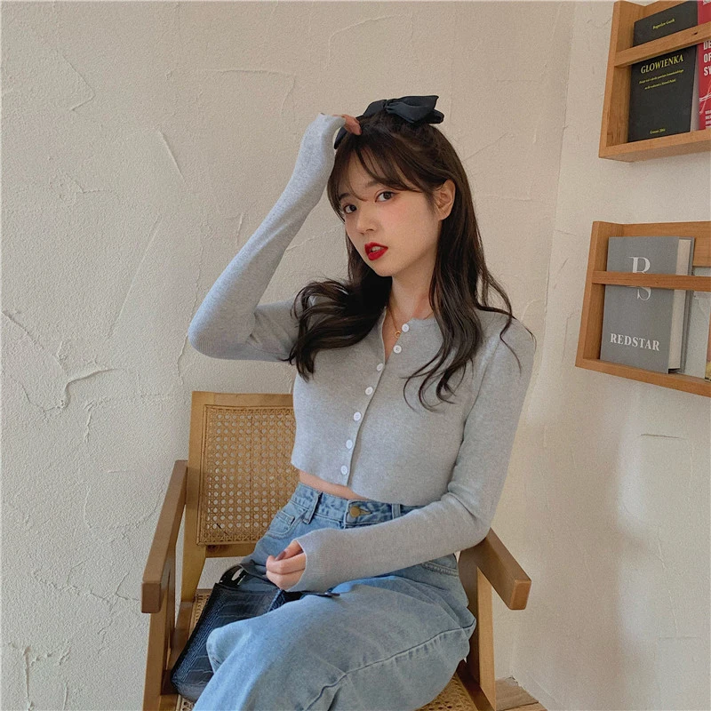 Y2k Gray Sweet Women T Shirts Korean Knitted Slim Long Sleeve Female Casual Tees Fashion New All Match Ladies Crop Cardigan