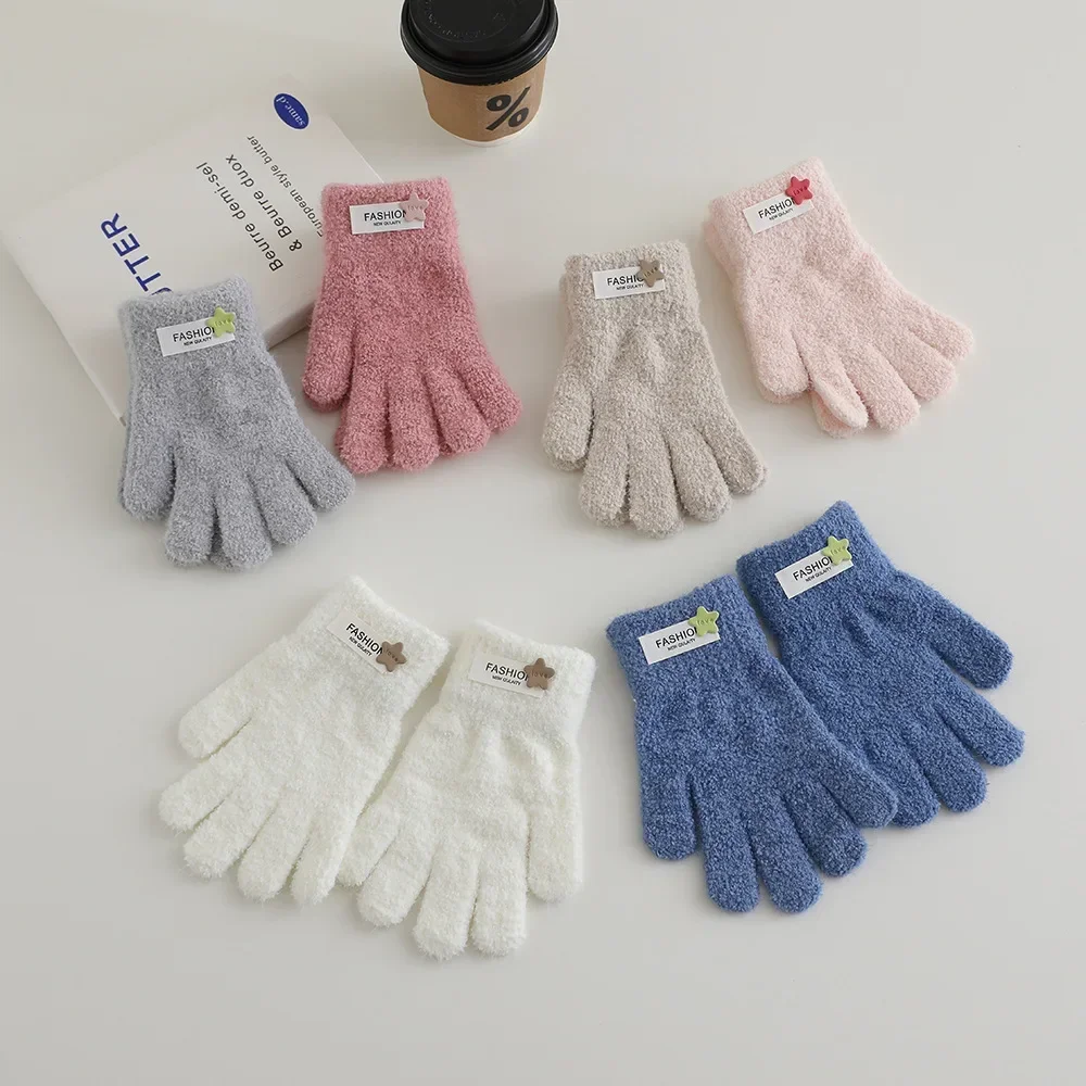 New Coral Fleece Children Knitted Warm Gloves for Students Winter Cute Star Full Finger Mittens Outdoor Cycling Skiing Gloves