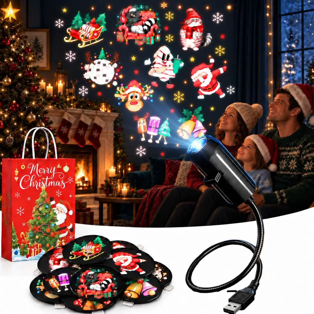 Plug and Play HD Christmas Projector with 6/10 Festive Discs Interchangeable Scenes for Bedroom,Living Room & Party Display