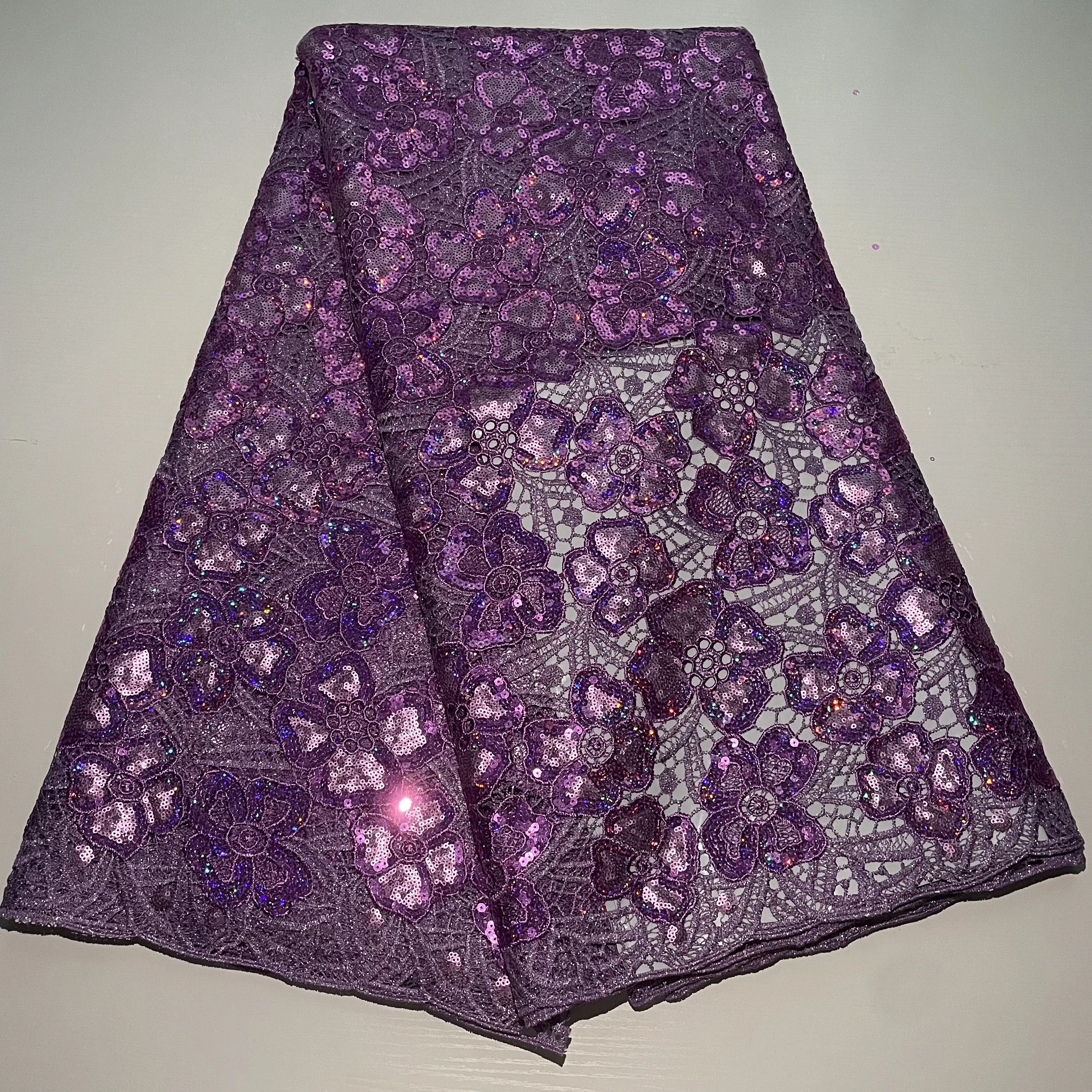 Nigerian Sequins Lace Fabric, African Guipure Cord Lace Material, 5Yards, Matching Sego Headtie, Embroidery, Newest, 2Pcs