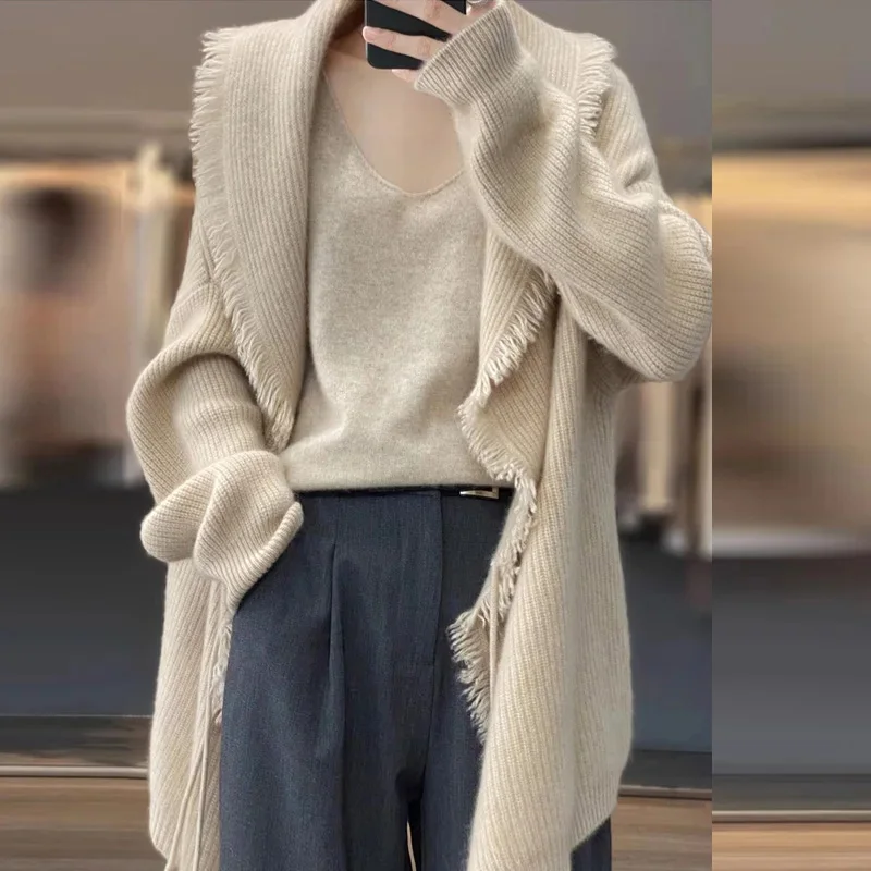 Women\'s Cashmere Knitted Cardigan Autumn Winter Lazy Loose Casual Fashion Sweaters 2023 New Simple All-match Knitwear