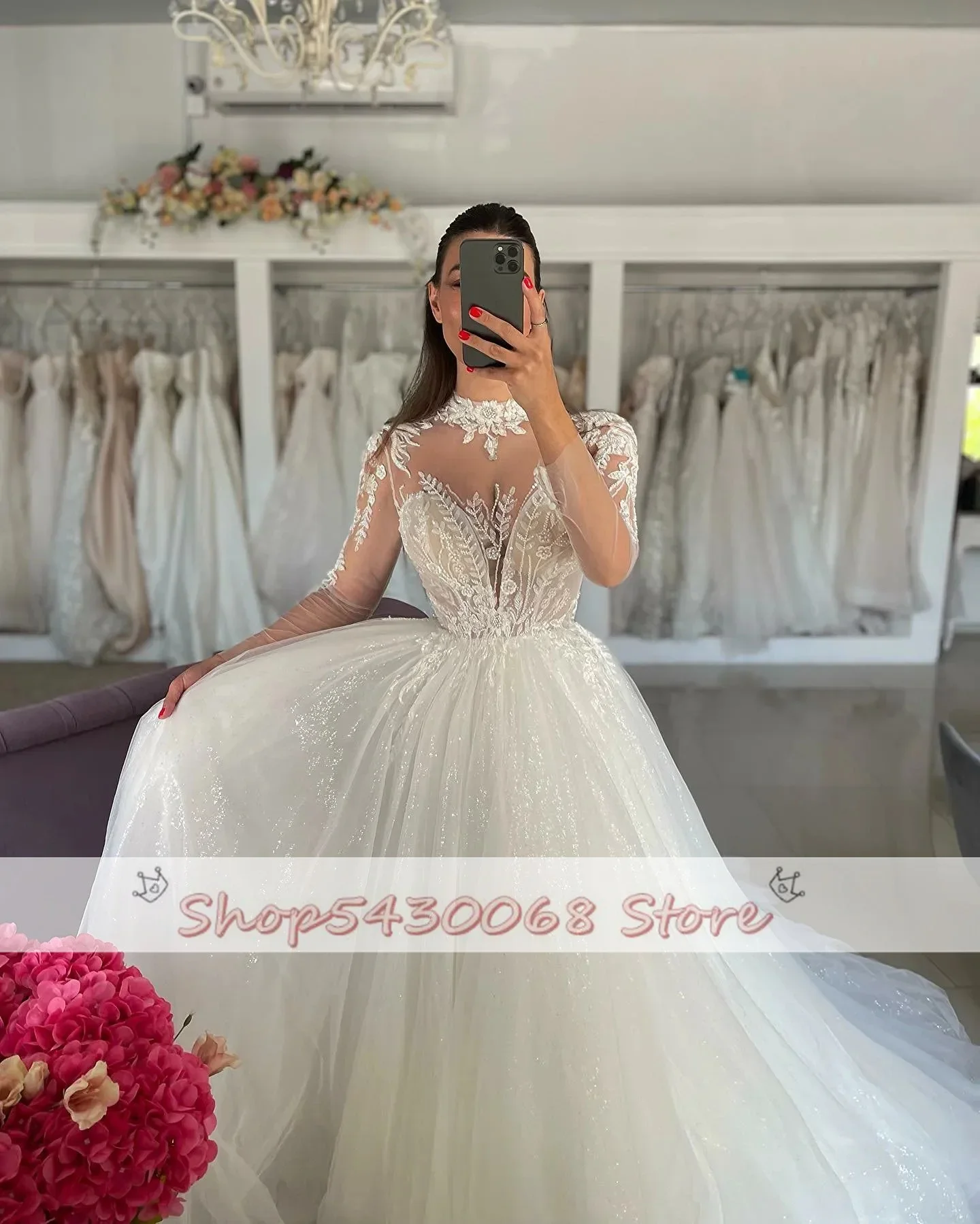 Kapok dressy Langarm Spitze Brautkleider eine Linie High Neck Brautkleid appliziert Spitze Brautkleid Prinzessin Brautkleider