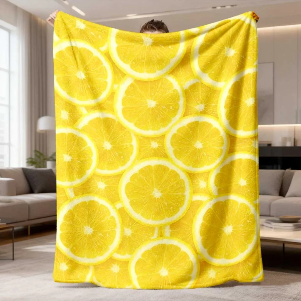 Fruit Lemon Art Throw Blanket, Vivid Yellow Citrus Slice Pattern Soft Flannel Blanket for Sofa Bedroom Camping Room Decoration