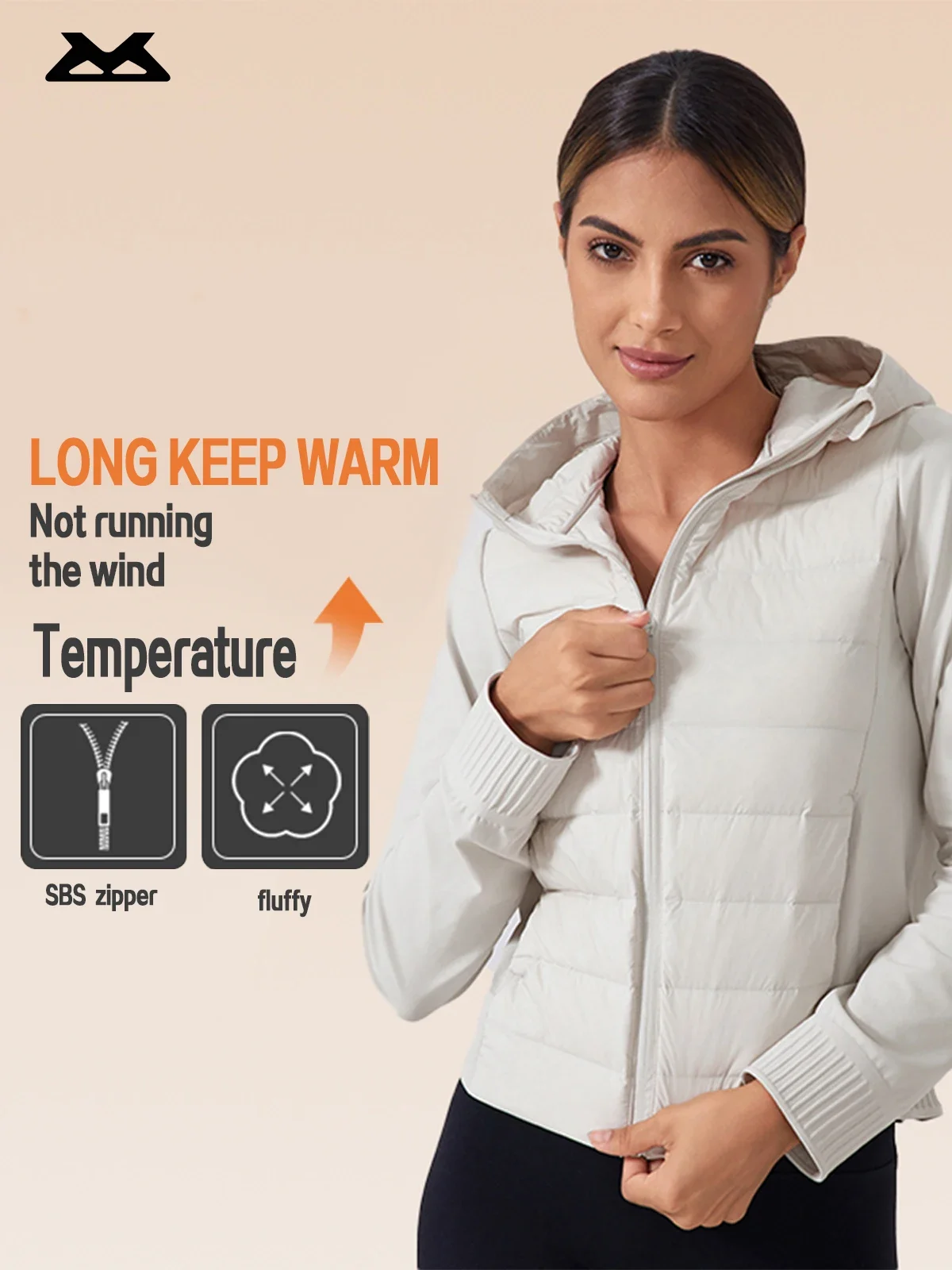 Women's Short Lightweight Down Jacket Hooded Zip-Up with Stand Collar Waterproof Warm Sports Outerwear for Fall Winter Fitness