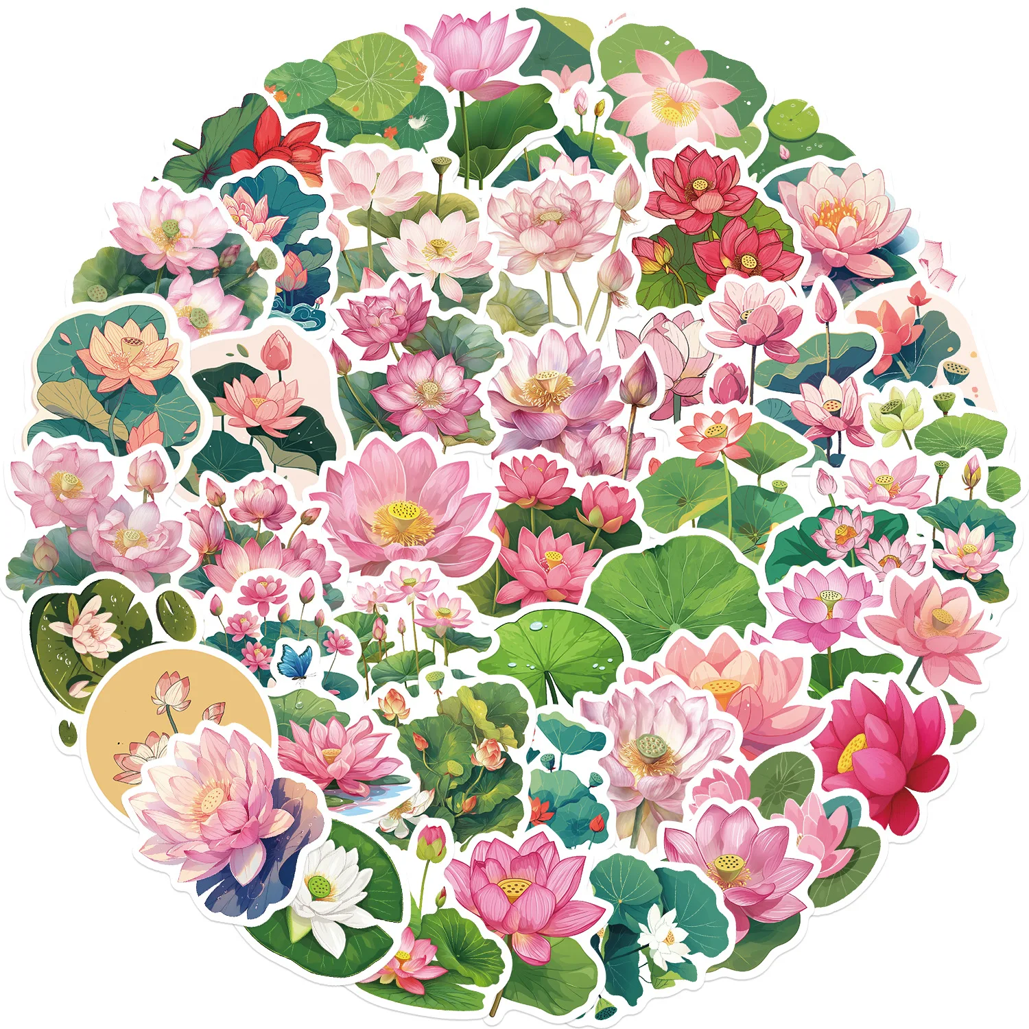 50PCS Adesivos Criativos de Flores de Lótus Rosa à Prova d'Água para Decoração DIY em Cadernos, Celulares, Guitarras, Copos de Água, Malas e Grafite