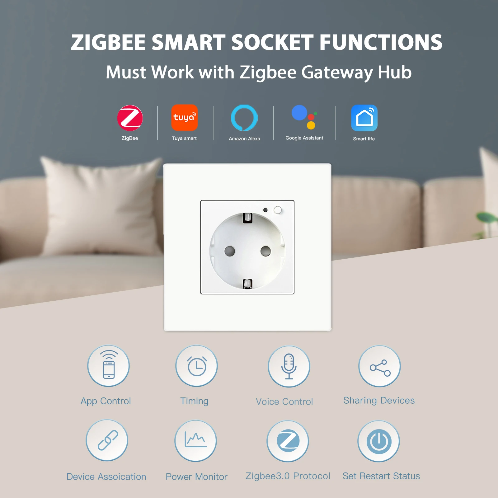 Bseed Zigbee Energy Monitor Wall Socket PC Plastic Frame Double Smart Outlets Triple Plugs Tuya Google Home Smart Life Control