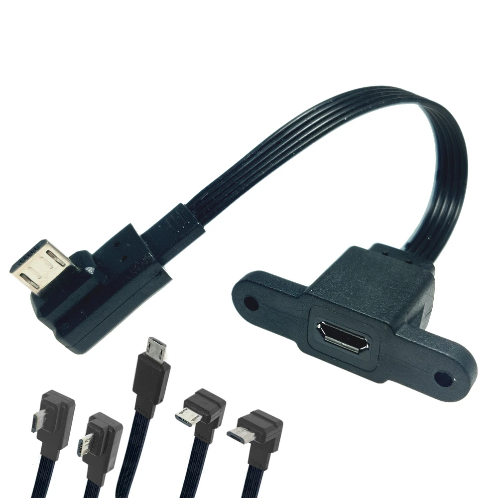 

90 degree 5Pin left right angle micro-usb port male to female lock plug micro usb panel mount extension cable with screw mount