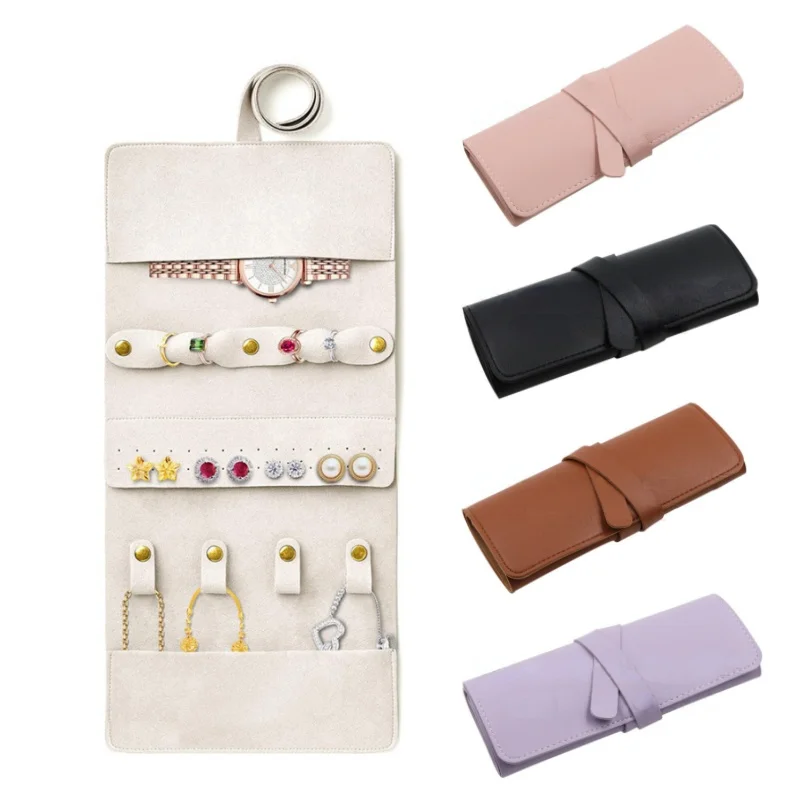 Fashion Portable Jewelry Bag PU Leather Travel Necklace Ring Watch Jewelry Cosmetic Tool Bag Roller Shutter Storage Bag Gift