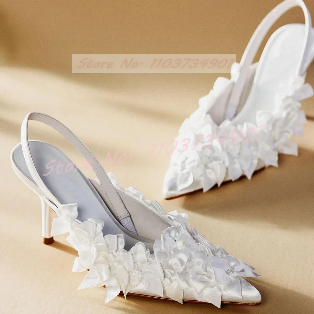 White Satin Butterfly Sandals Women Feminine Pointy Toe Sling Back High Heels Shoes Ladies Party Wedding Classy Trendy Sandals