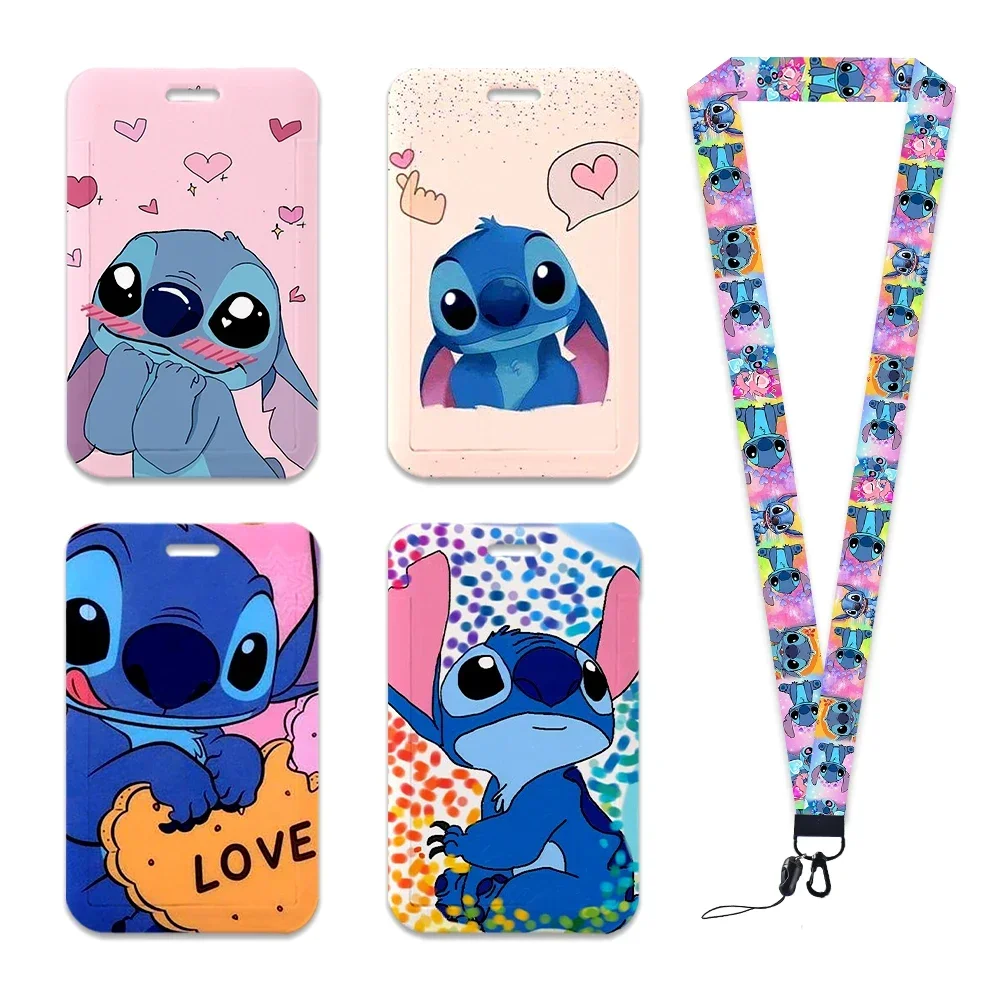 

New Disney Stitch Lilo Card Holder Lanyard Slide Card Holders Student Keychain Cardholder Hanging Rope Employee ID Card Case