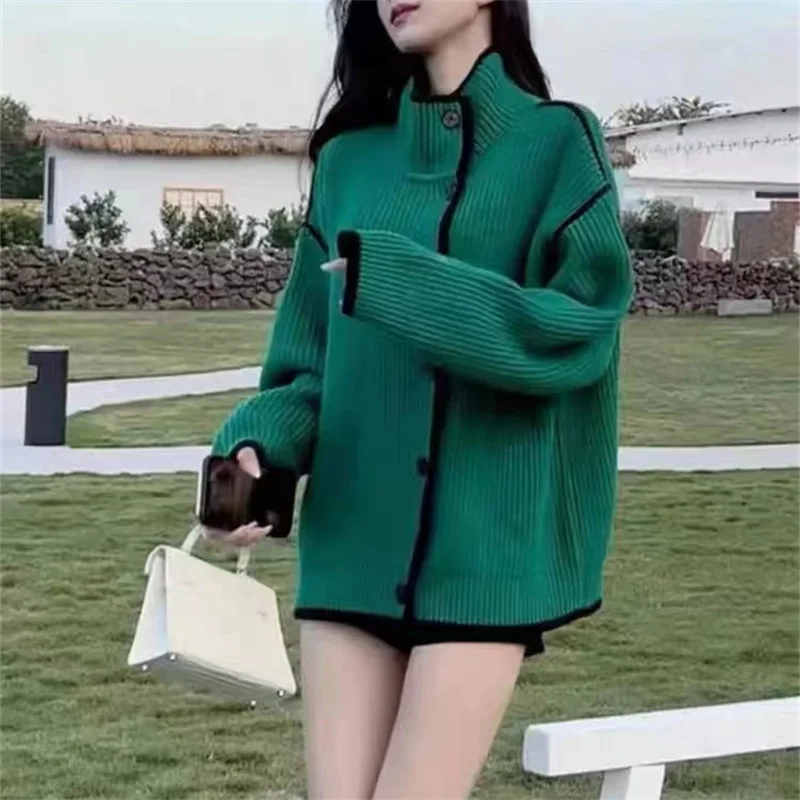 Loose Soft Glutinous Contrast Color Thickened Turtleneck Cardigan Coat Women's Single-Breasted Sweater Fashion