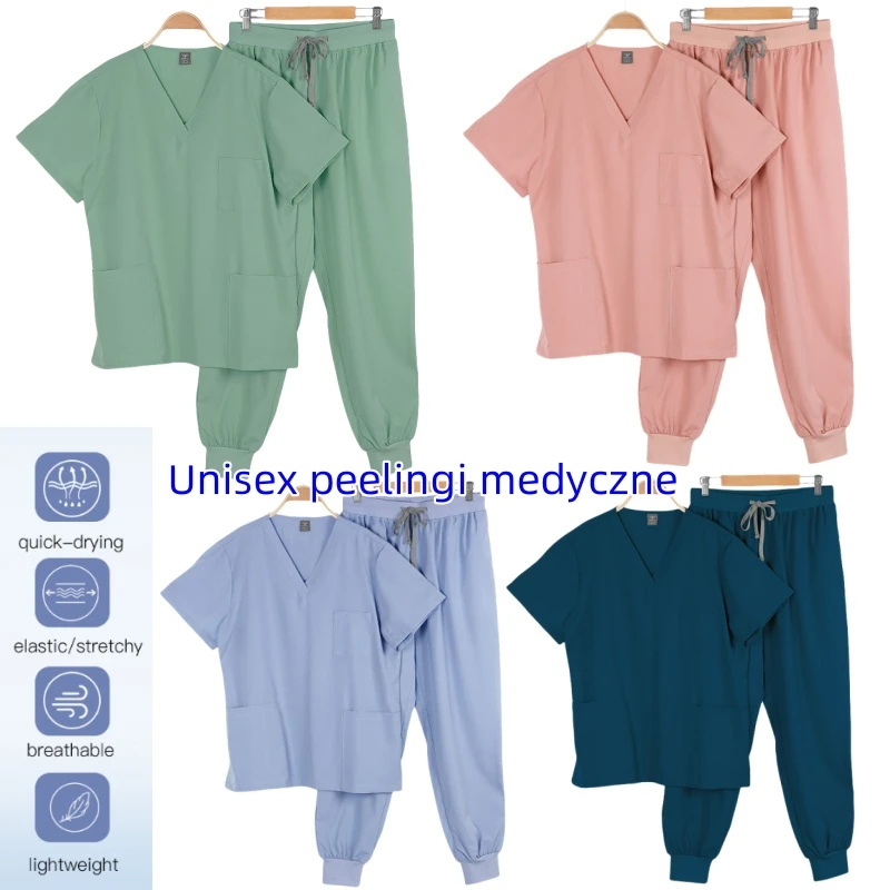 女性用Vネック半袖スクラブスーツ、外科看護ユニフォーム、ユニフォーム看護師、看護師作業服、診療所のスクラブスーツ