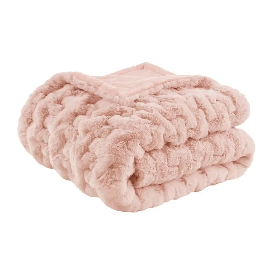 

Ruched Luxury Throw Premium Soft Cozy Brushed Long Faux Fur For Bed, Couch or Sofa, 50x60, Blush