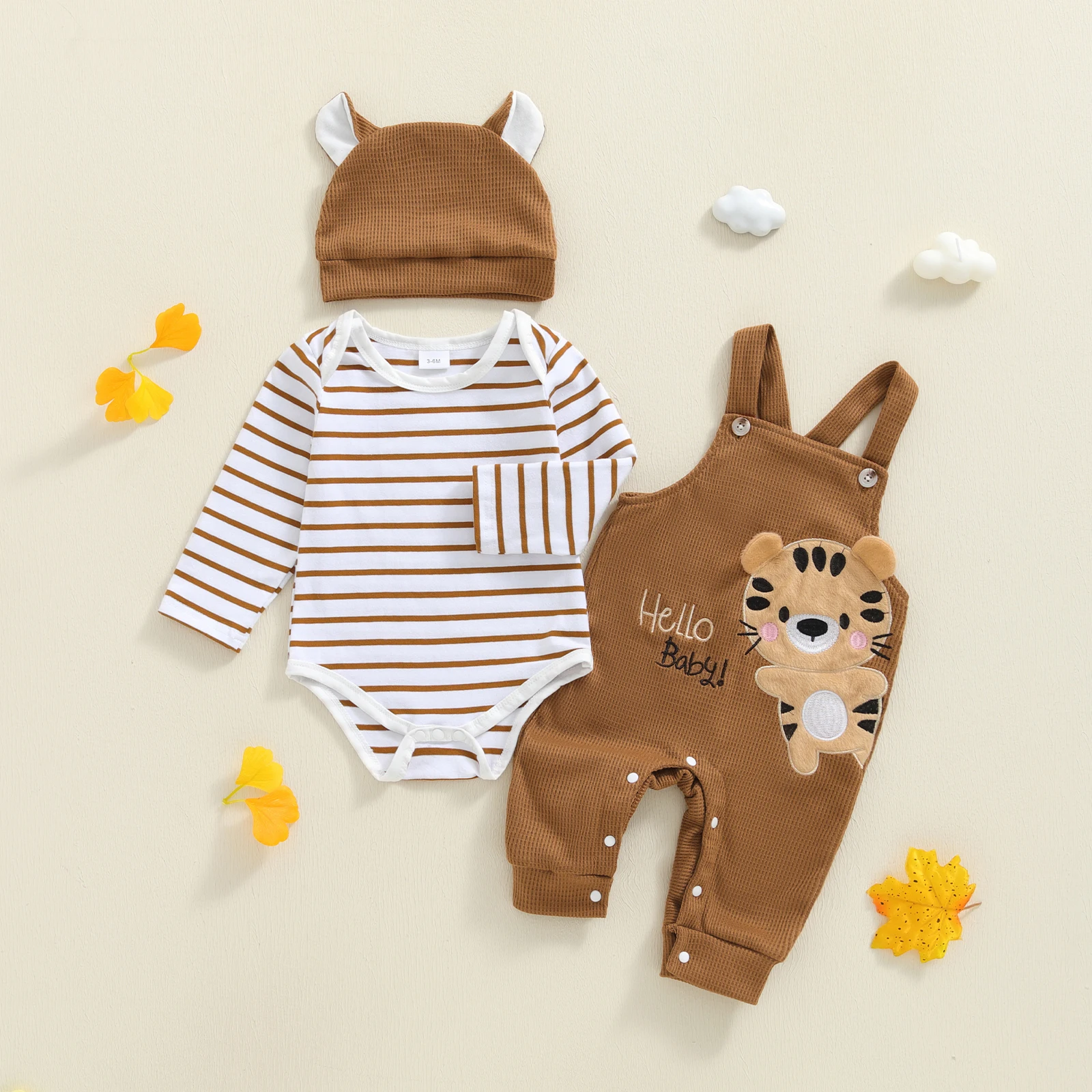 Tregren 0-18M Infant Baby Boy's Clothing Sets Fashionable Long Sleeve Striped Romper with Tiger Embroidered Overalls and Hat