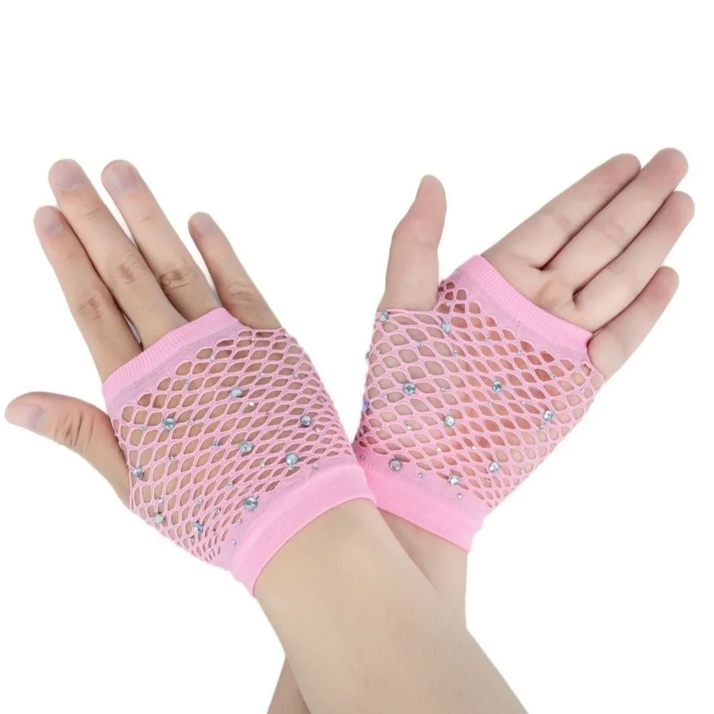 Short Elastic Rhinestone Gloves Shiny Black White Fishnet Fingerless Gloves Gothic Style Punk Long Gloves Fashion Accessory