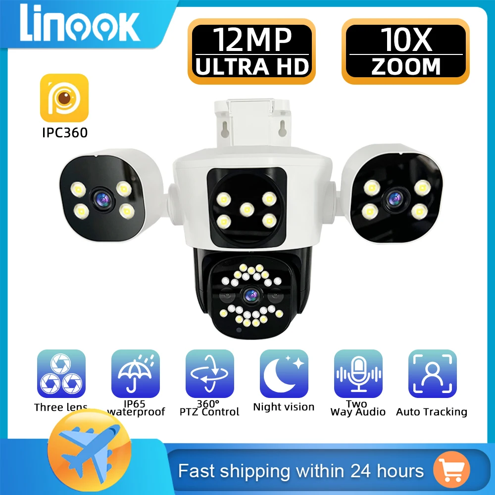 Linook 12MP 6K 3 lens CCTV outdoor WiFi camera IP camera WiFi monitoring camera PTZ security protection