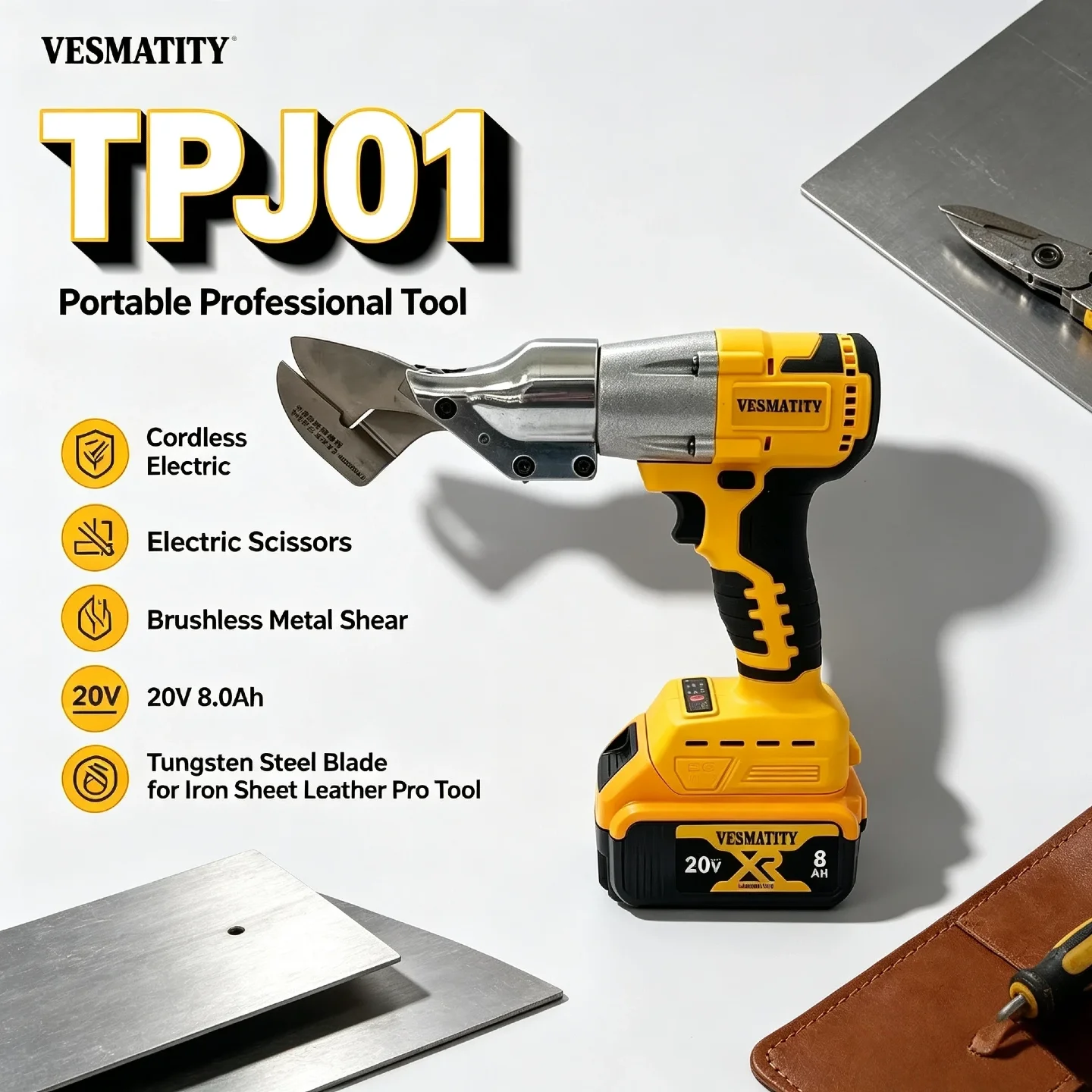 VESMATITY TPJ01 Cordless Electric Scissors Brushless Metal Shear 20V 8.0Ah Tungsten Steel Blade for Iron Sheet Leather Pro Tool