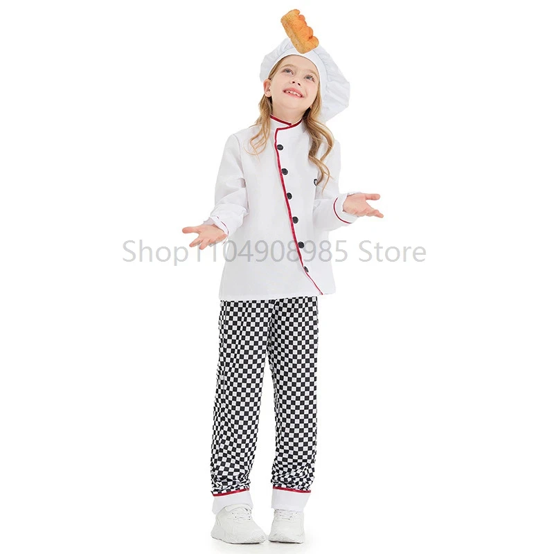 

Chef Cosplay Costume Children Cook Uniform White Hat Top Plaid Pants Restaurant Baker Work Clothing Occupation Role Play Show