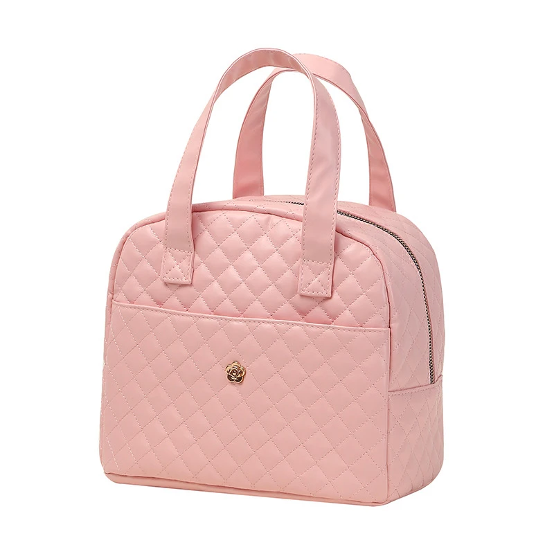 PU Leather Plaid Pattern Lunch Bag For Women Thermal Insulated Lunch Box Tote Aluminum Foil Insulation Storage Bag