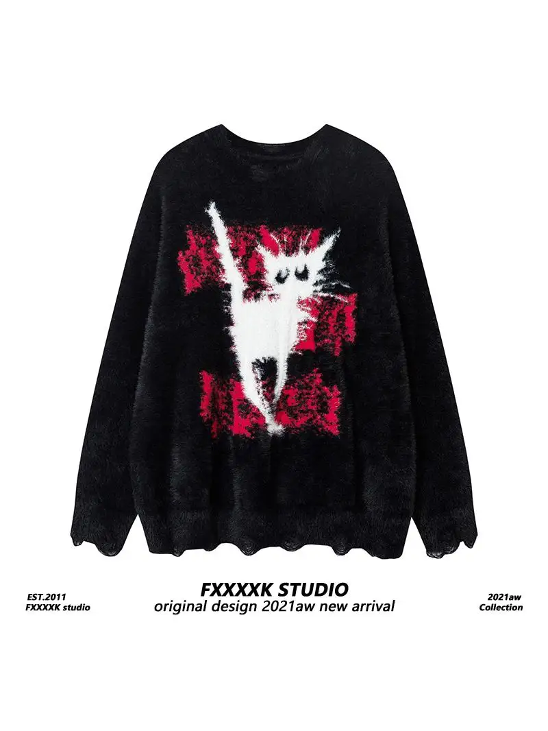 

Оригинальный американский ретро-свитер FXK свободного кроя с длинными рукавами, пушистый, с круглым вырезом, вязаный, осенняя коллекция, ex Crew N...