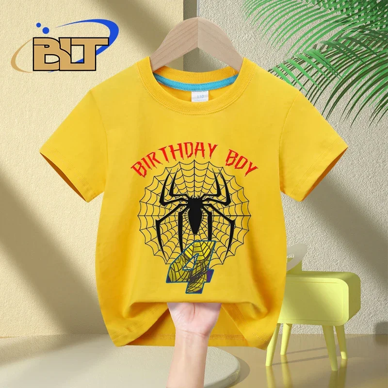 T-shirt para menino, algodão t-shirt, manga curta, aranha 4 ° aniversário presente para crianças, verão