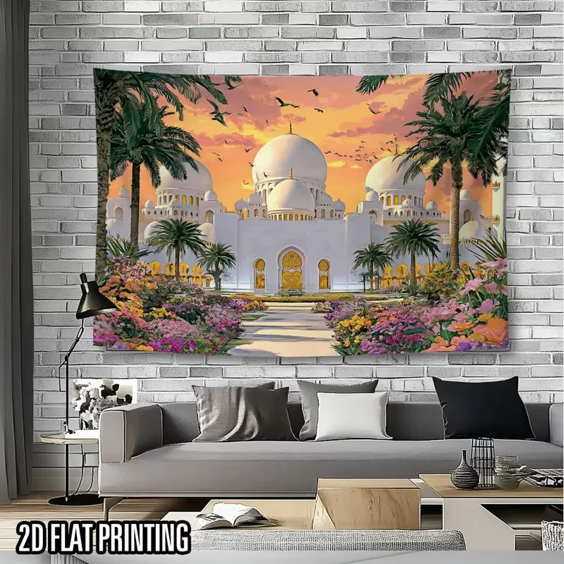 1PCS Digital Print Tapestry, White Grand Mosque Sunset Garden Palm Trees Flowers Birds, Oil Painting Arabian Sacred Landscape St
