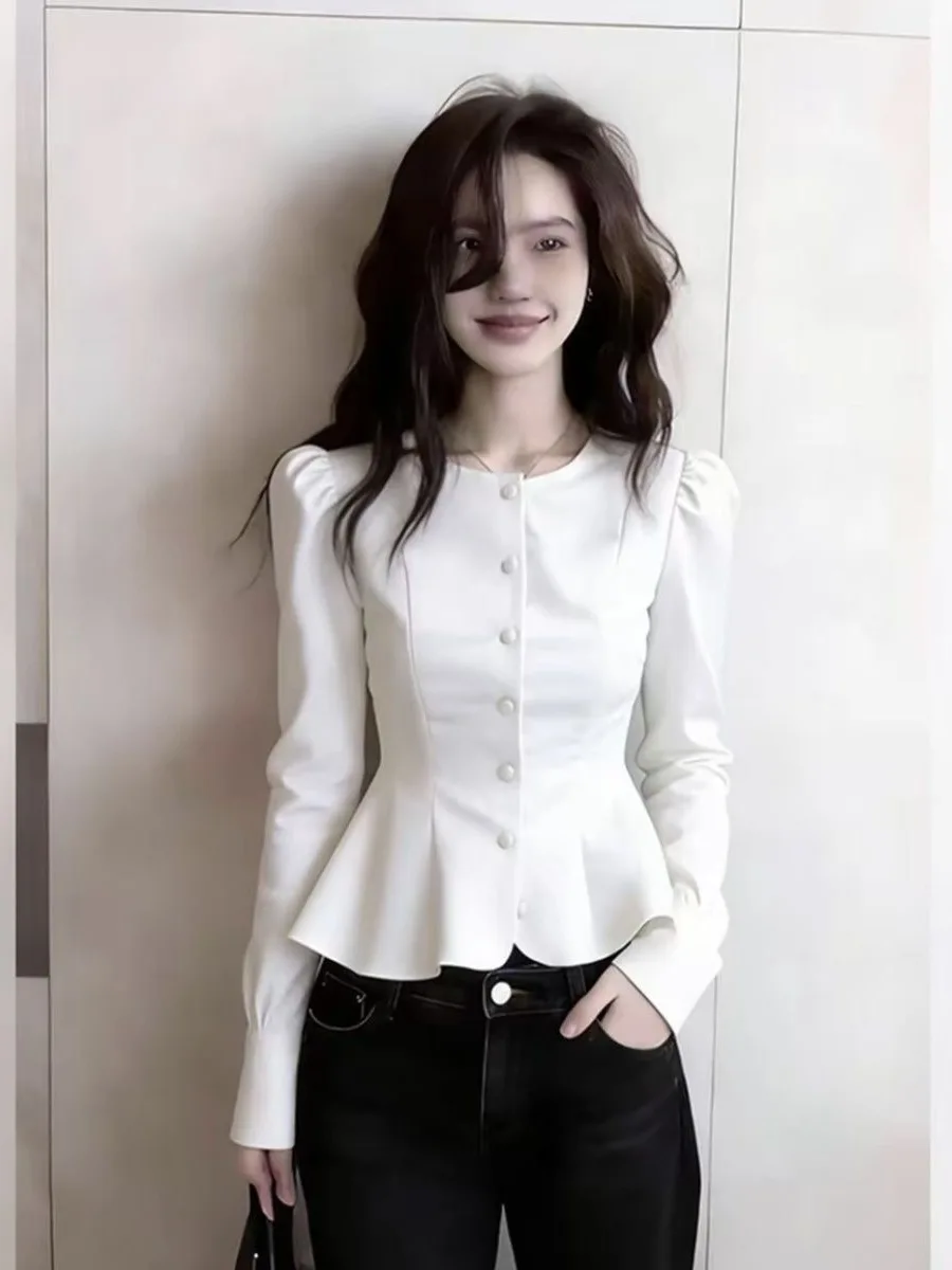 

Элегантная женская приталенная рубашка с круглым вырезом и длинным рукавом, премиум-качество, весна 2026, для офиса и повседневной носки, модная повседневная рубашка