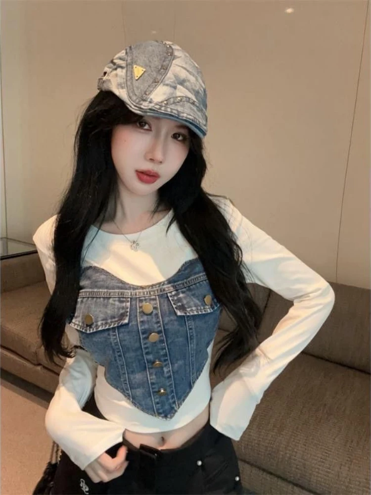 

Chic Love Denim Patchwork Long Sleeve T-shirt Cropped Tops Girls Y2k Clothes Button Tees Women Design Streetwear Bottom Shirts