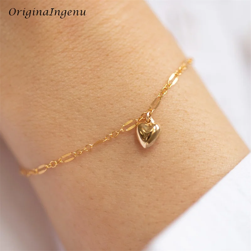 14K Gold Filled Dainty Heart Charm Bracelet Minimalist Gold Lace Chain Bracelet Tarnish Resistant Women Jewelry
