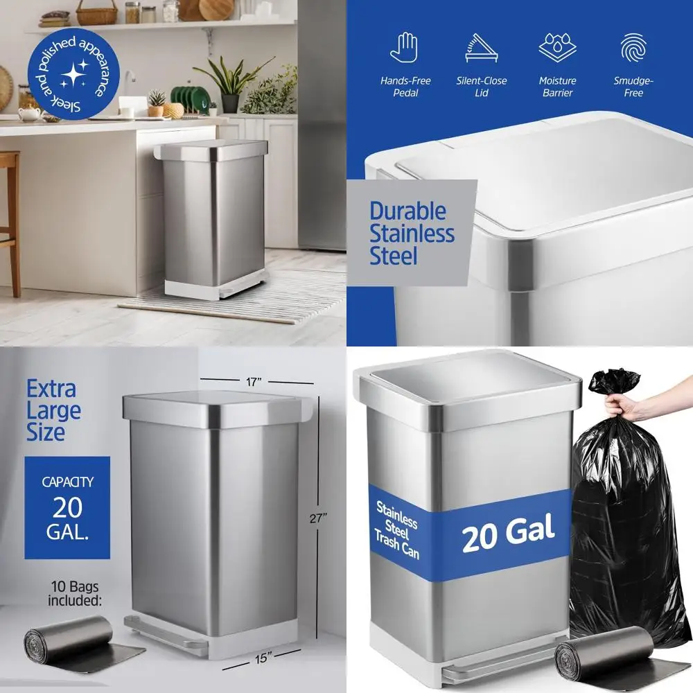 

20-галлонное мусорное ведро для кухни из нержавеющей стали с педальным механизмом, крышкой с плавным закрыванием и держателем для пакетов