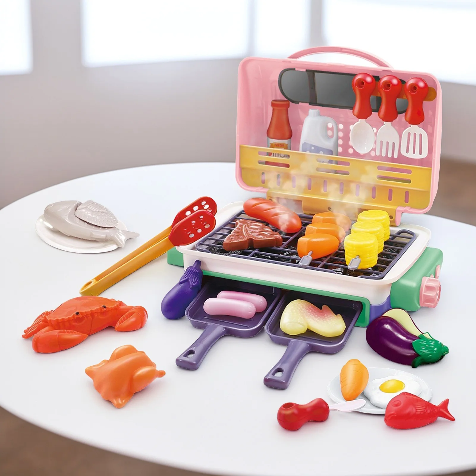 لعبة شواء المحاكاة الكهربائية مع رذاذ موسيقى خفيفة متغيرة اللون للطعام مجموعة المطبخ للعب الأدوار للأطفال #4