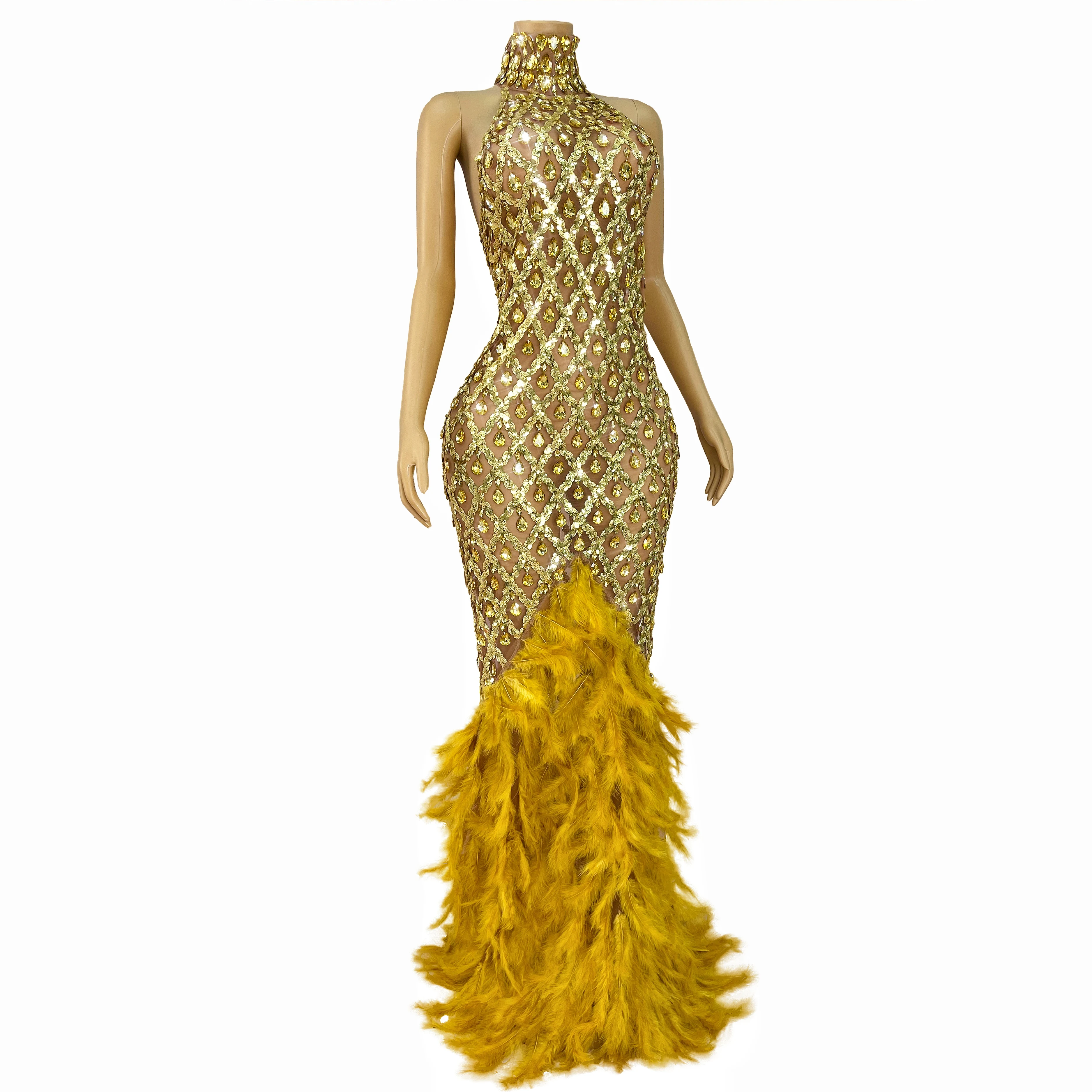 Hoogwaardige glanzende gouden strass verenjurk zoom sexy naakt mesh avondjurk rode loper modeshow jurk shaokao