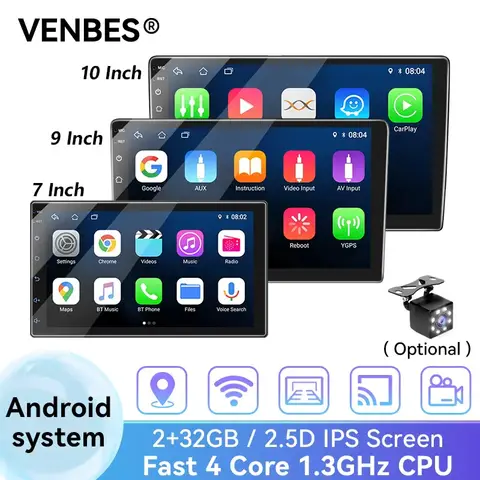 VENBES 안드로이드 카 라디오 7/9/10인치 휴대용 2 DIN 터치스크린 무선 지원 미러링크 블루투스 자동차 라디오