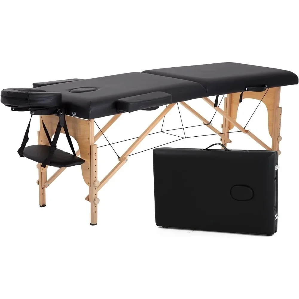 

Massage Table, 73 inch Portable Massage Bed, Wood Leg Height Adjustablew/Carry Case, for SPA Salon Tatoo, 2Folding Massage Bed