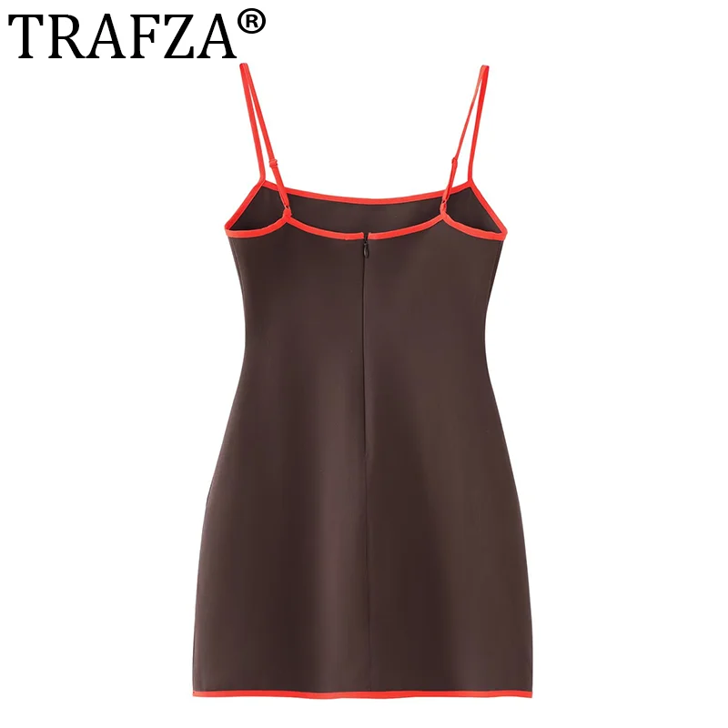 TRAFZA 2024 Woman's Beach Style Dresses Brown Square Collar Sleeveless Backless Zipper Summer Mini Dresses Woman Trendy TRAF