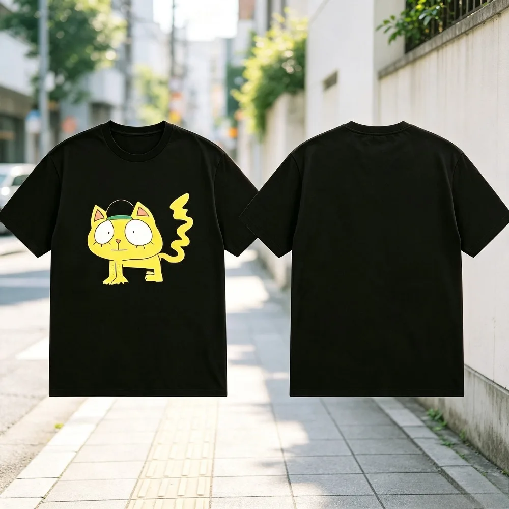 Cute Cartoon Yellow Cat Graphic Men T-Shirt Casual Streetwear Loose Short Sleeve Tops Fashion Tees