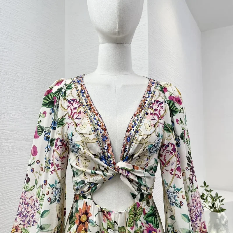 Neue mehrfarbige Blumen Schmetterling Druck voller Ärmel selbst Krawatte Bogen aus geschnitten Diamanten gepresste Frauen Seide hochwertige Midi-Kleid