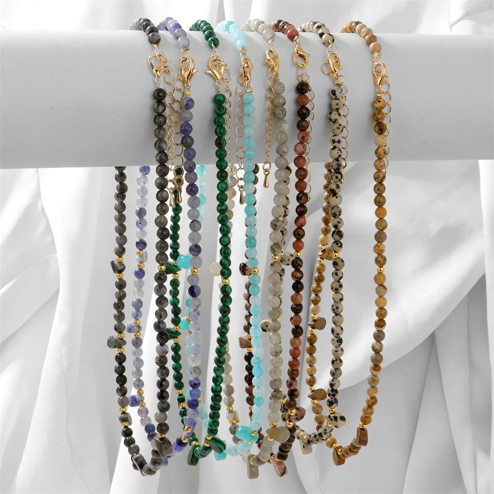Natural Stone 4mm Round Beads Necklace Water Drop Charm Necklaces For Women Aquamarine Amethysts Labradorite Necklace Jewelry