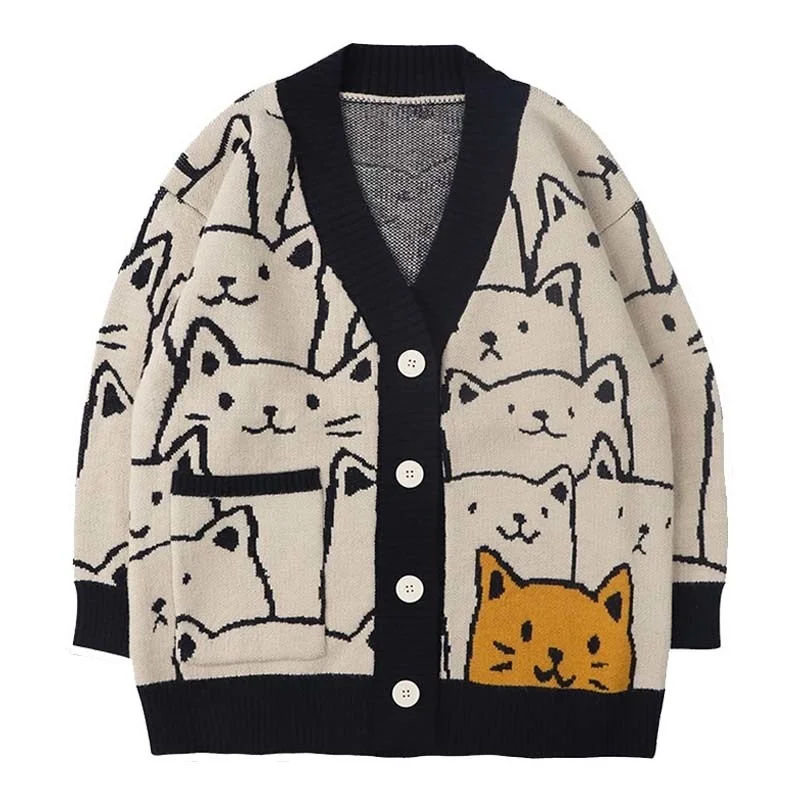 Harajuku Cartoon Cat Cardigan Sweater Men Streetwear Pattern College Knitwear Casual Knitted Japanese Knit Jacket Women Unisex