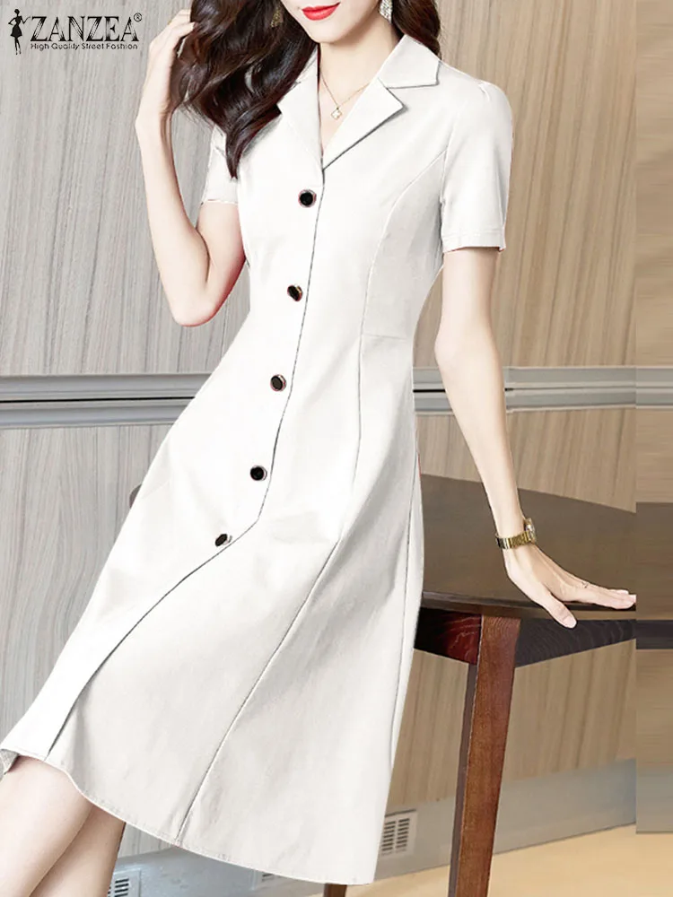 ZANZEA 2024 Summer Elegant Waisted Party Dress Women Lapel Collar Robe Korean Long Shirt Dress Casual Short Sleeve Work Sundress