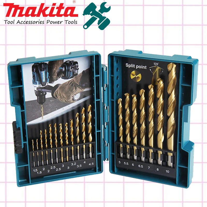 

Makita D-67527 19Pcs Titanium-Nitride Coating Woodworking HSS TiN Metal Twist Drill Bit Set Metal Working Electric Drill Bits