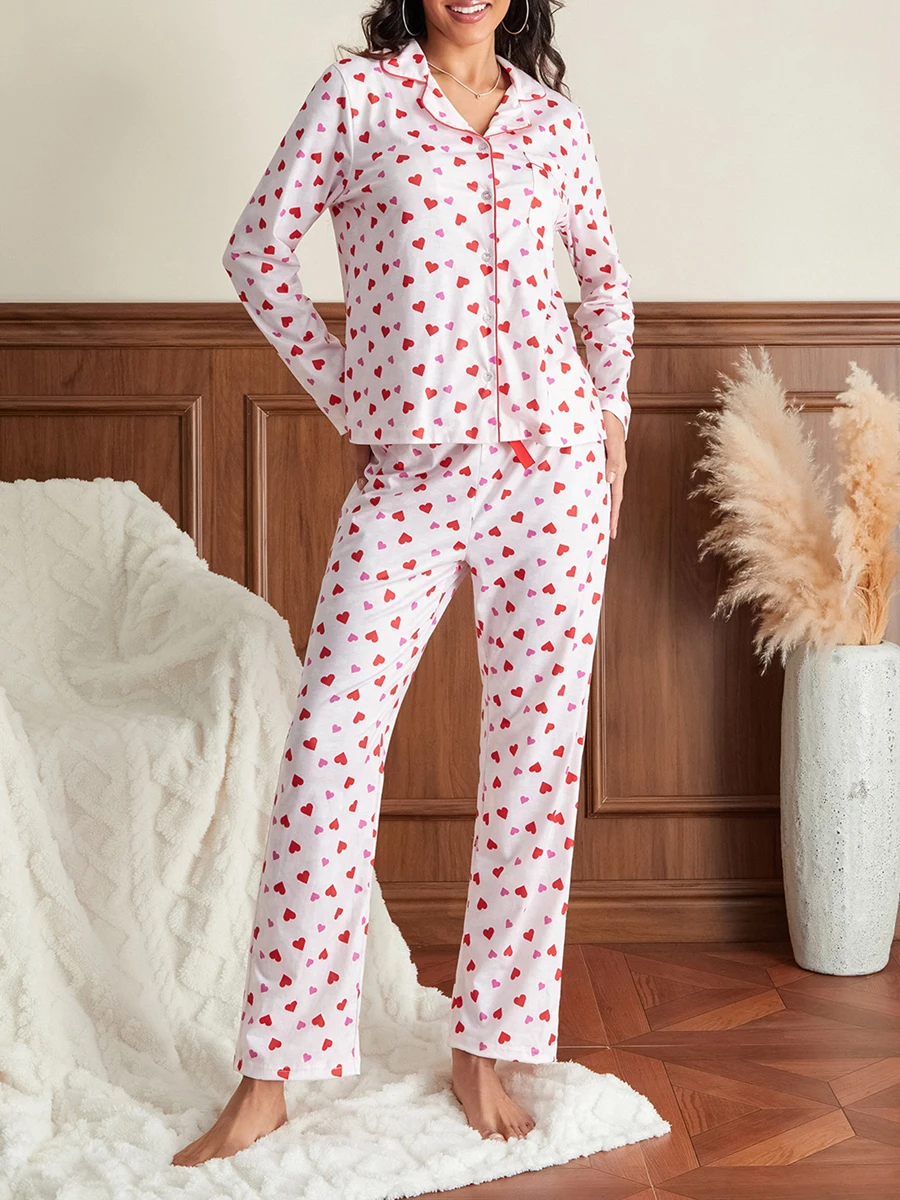 Women Pajama Set Valentine's Day Sweet Heart Print Long Sleeve Button Closure Tops with Pants Sleepwear Loungewear Casual Daily