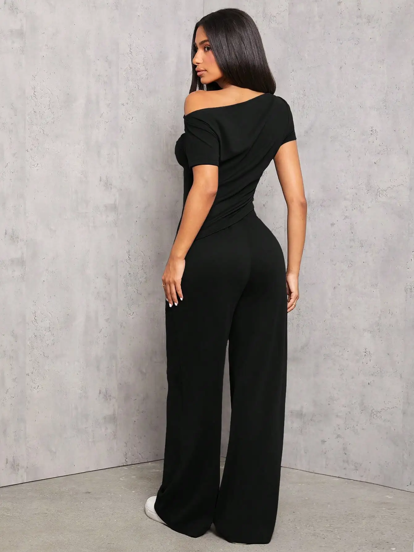 

Black Off Shoulder Top And Wide Leg Pants Set Casual Women Two Piece Outfit