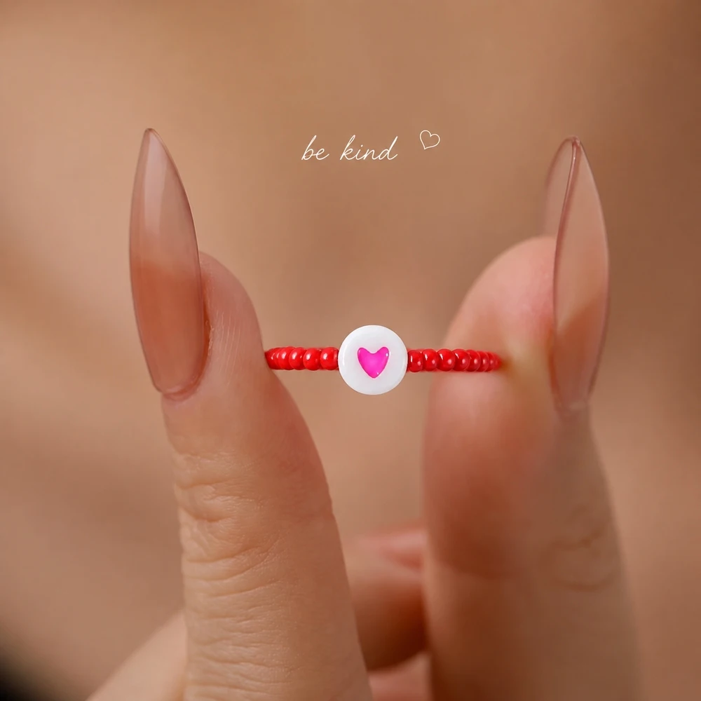 1pc Women's Cute Romantic Heart Glass Bead Cocktail Ring Red Beaded Design 4mm Surface Width General Occasion